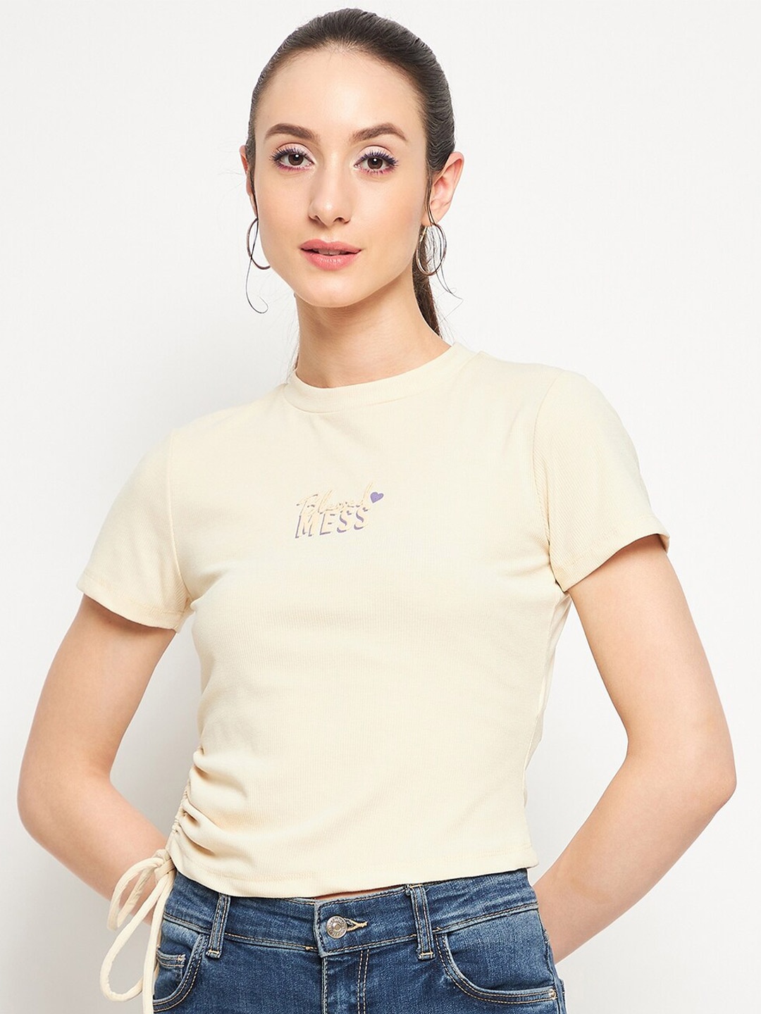 Madame Typograph Printed Cotton Top, Beige