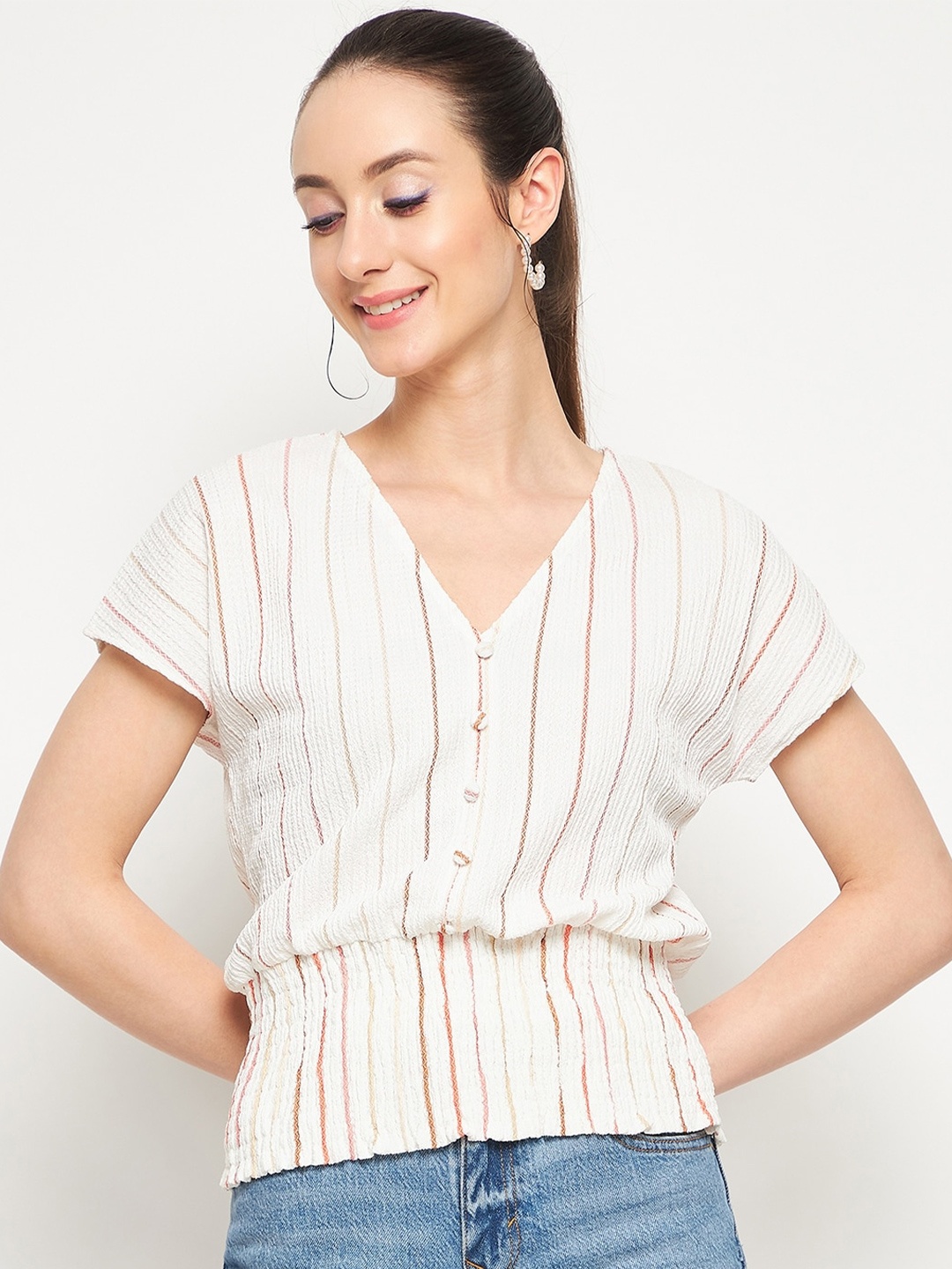 

Madame Striped Extended Sleeves Cinched Waist Cotton Top, Off white