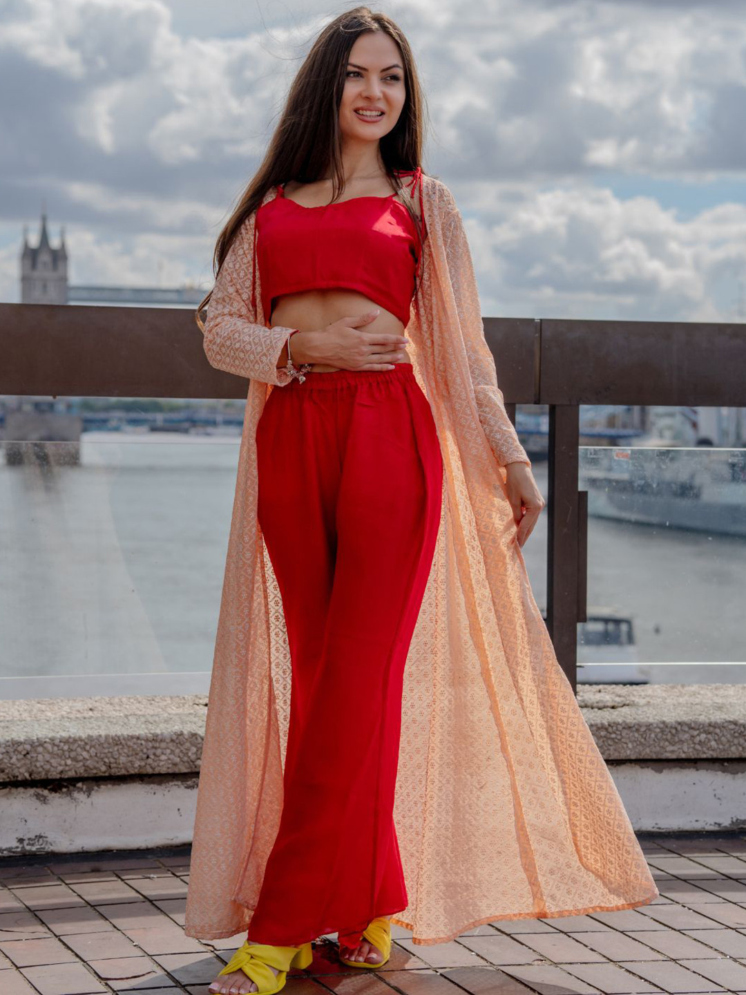 

HOUSE OF JAMOTI Women Crop Top & Flared Trousers With Embroidered Shrug, Red