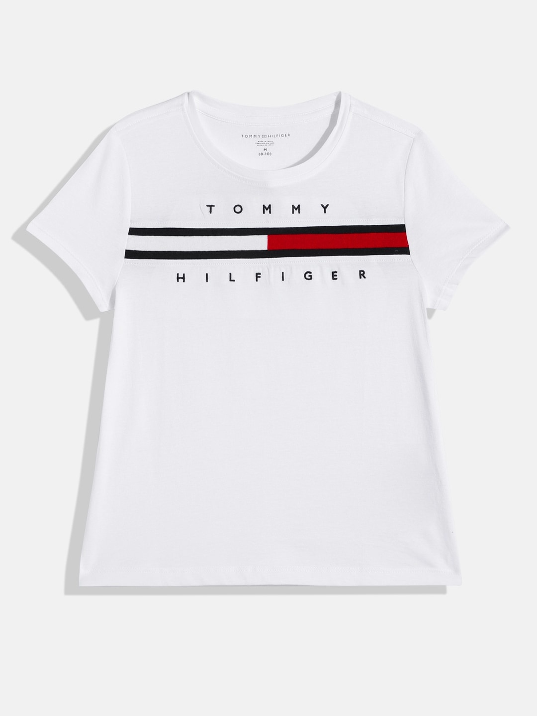 

Tommy Hilfiger Girls Brand Logo Self Design & Embroidered Pure Cotton T-shirt, White
