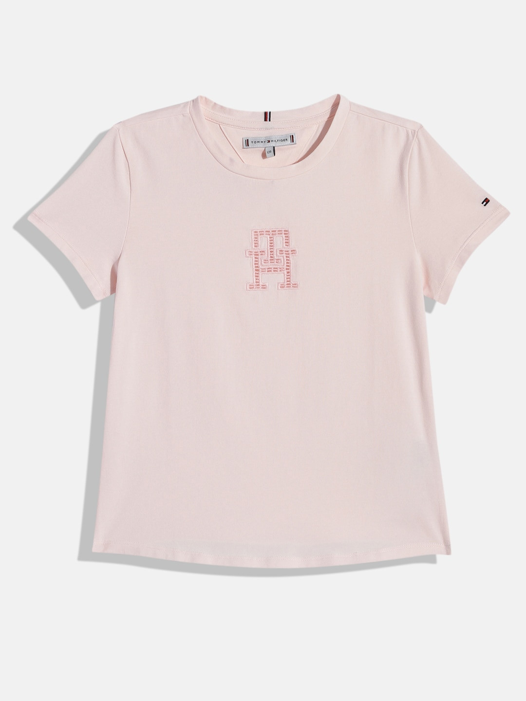 

Tommy Hilfiger Girls Brand Logo Self Design Cut-Out Regular T-shirt, Pink