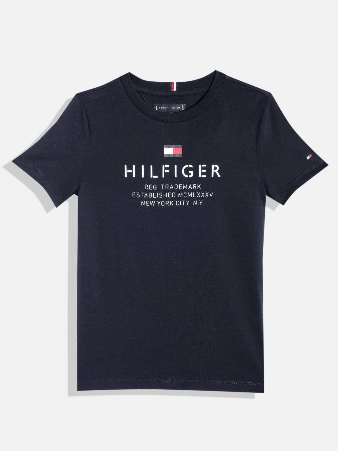 

Tommy Hilfiger Boys Pure Cotton Brand Logo Printed T-shirt, Navy blue