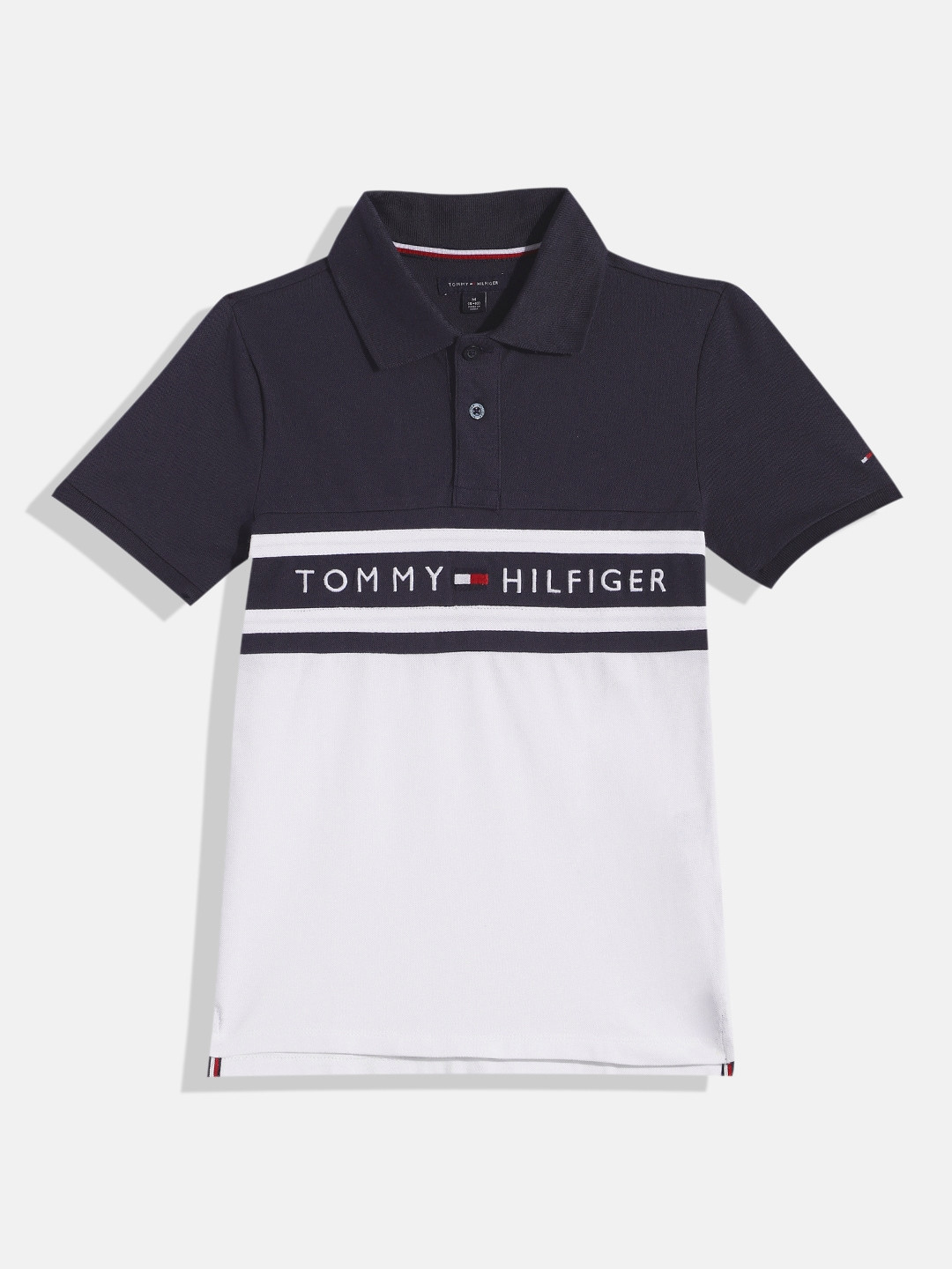 

Tommy Hilfiger Boys Colourblocked Brand Logo Embroidered Polo Collar T-shirt, Navy blue
