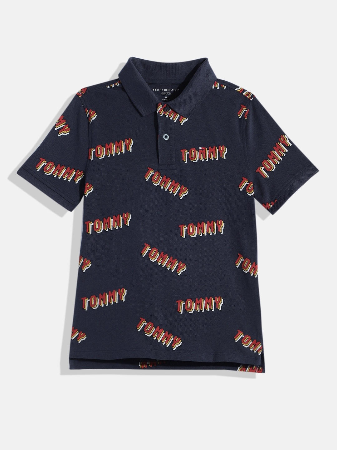 Tommy Hilfiger Boys Brand Logo Print Polo Collar Pure Cotton T-shirt, Navy blue