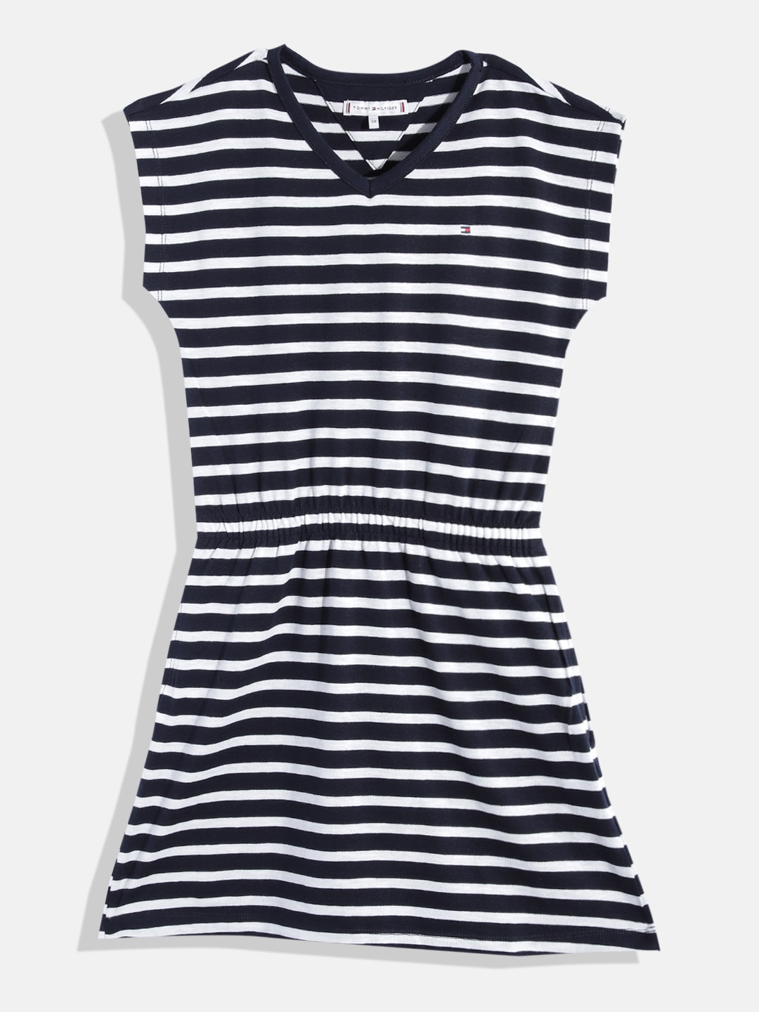 

Tommy Hilfiger Girls Striped Cinched Waist Pure Cotton A-Line Dress, Navy blue