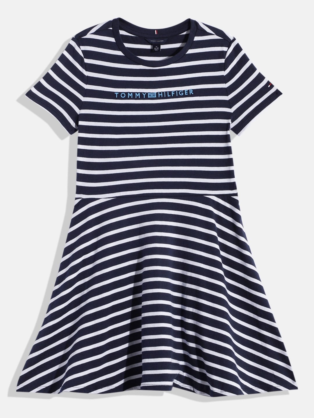 

Tommy Hilfiger Girls Striped Brand Logo Embroidered Nautical Pure Cotton Fit & Flare Dress, Navy blue