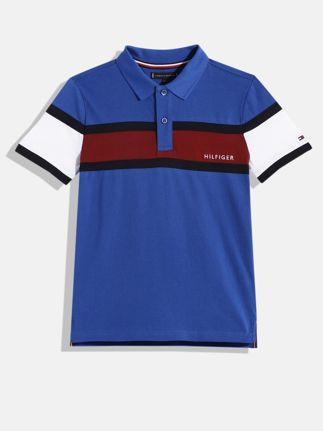 

Tommy Hilfiger Boys Colourblocked Polo Collar Organic Cotton T-shirt, Blue