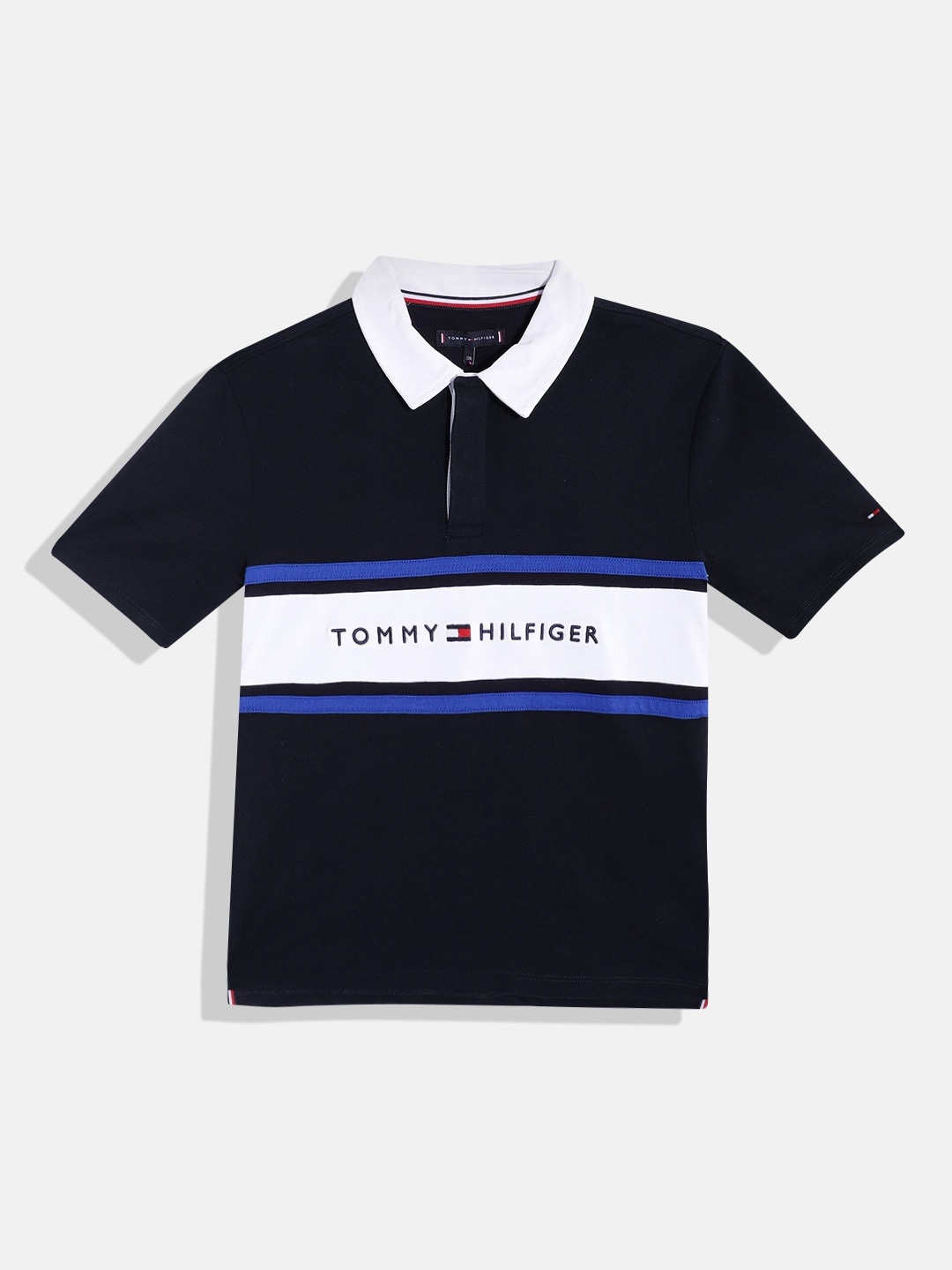 

Tommy Hilfiger Boys Pure Cotton Brand Logo Embroidered Polo Collar Oversized T-shirt, Navy blue