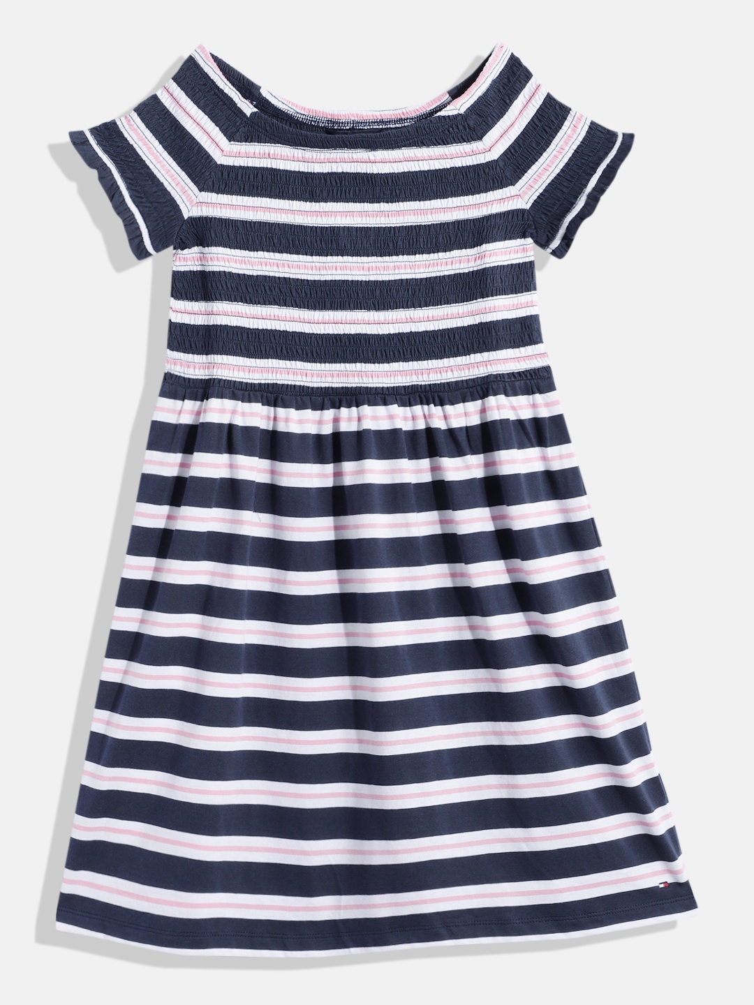 

Tommy Hilfiger Girls Striped Smocked Pure Cotton Dress, Navy blue
