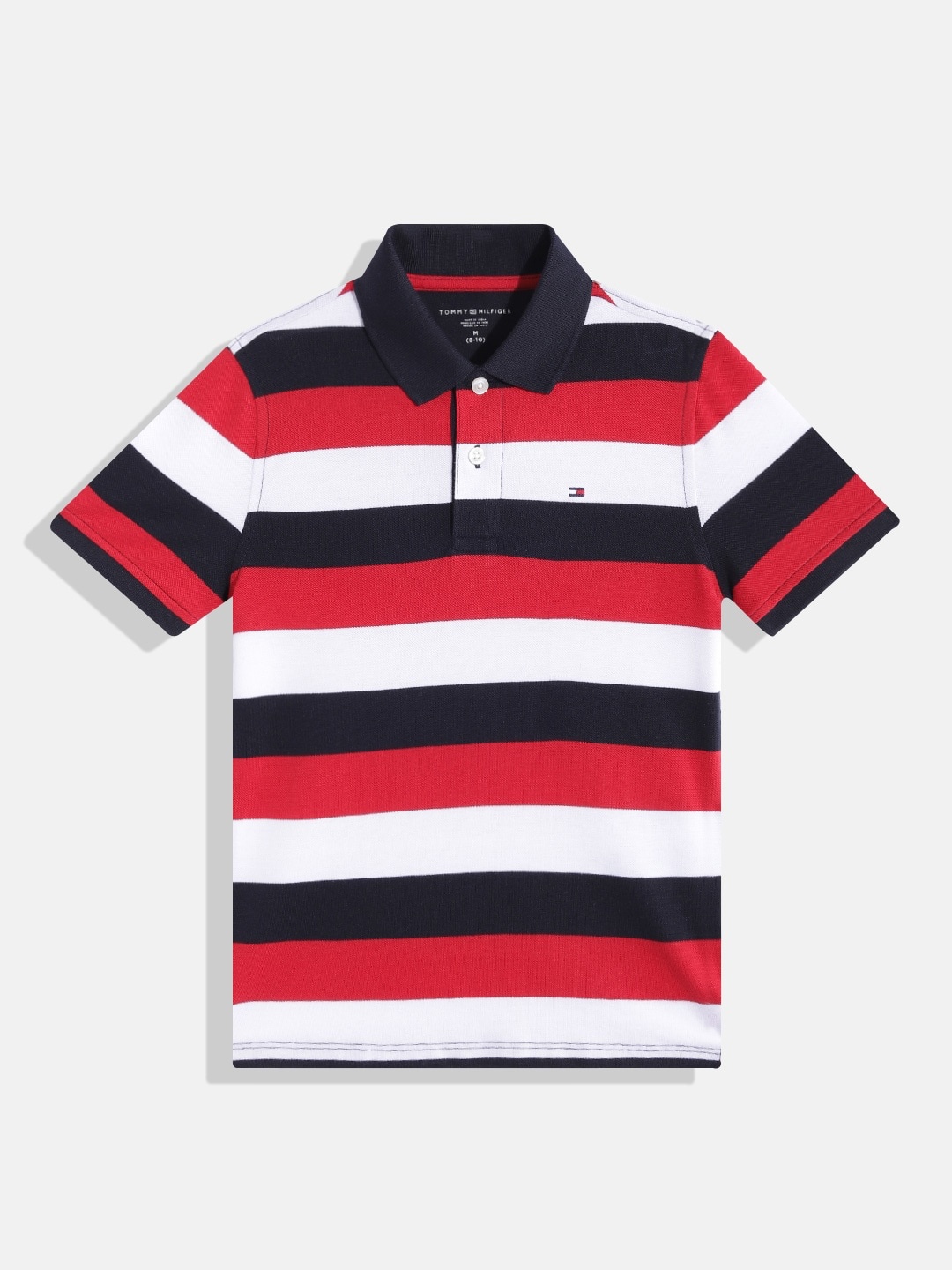 

Tommy Hilfiger Boys Pure Cotton Striped Polo Collar T-shirt, Navy blue