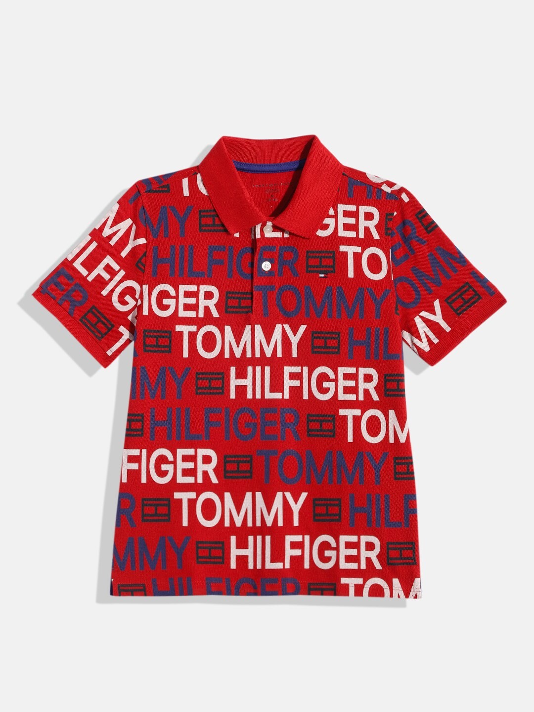 

Tommy Hilfiger Boys Brand Logo Print Polo Collar Pure Cotton T-shirt, Red