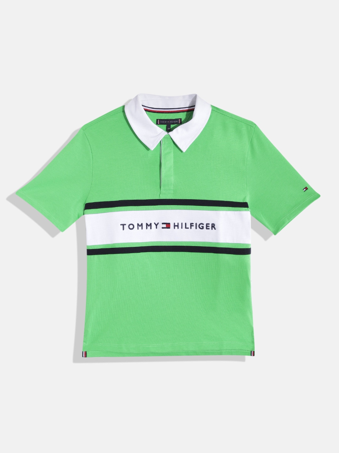 

Tommy Hilfiger Boys Pure Cotton Brand Logo Embroidered Polo Collar Oversized T-shirt, Green