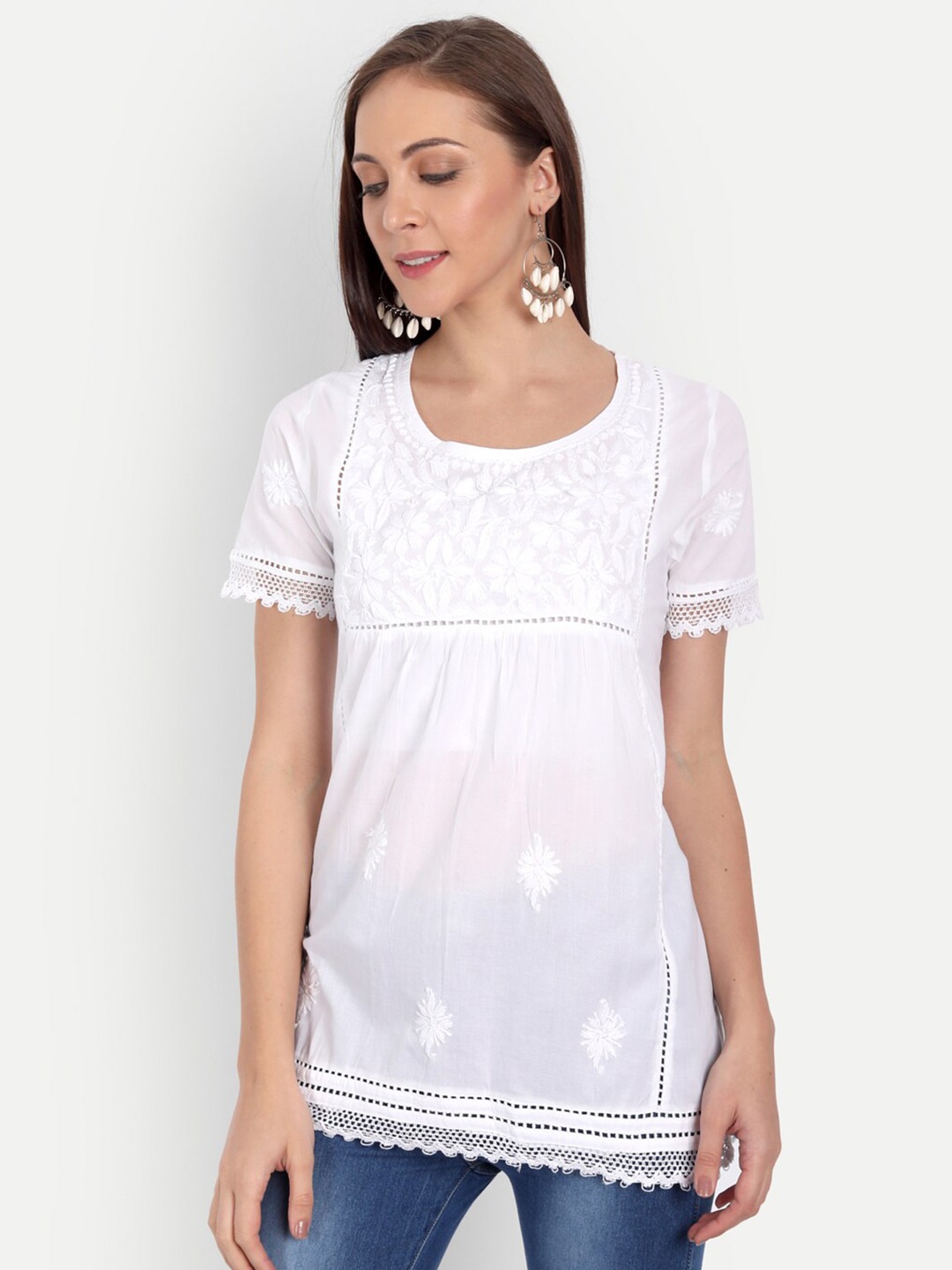 

Indiankala4u Floral Embroidered Pure Cotton Regular Top, White