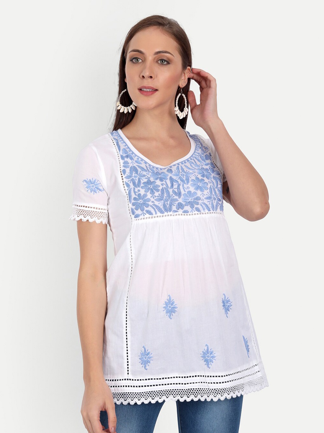 

Indiankala4u Floral Embroidered Pure Cotton Top, Blue