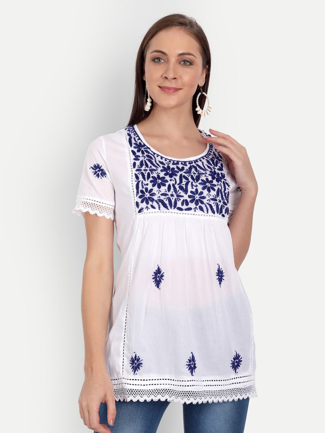 

Indiankala4u Embroidered Pure Cotton Top, Navy blue