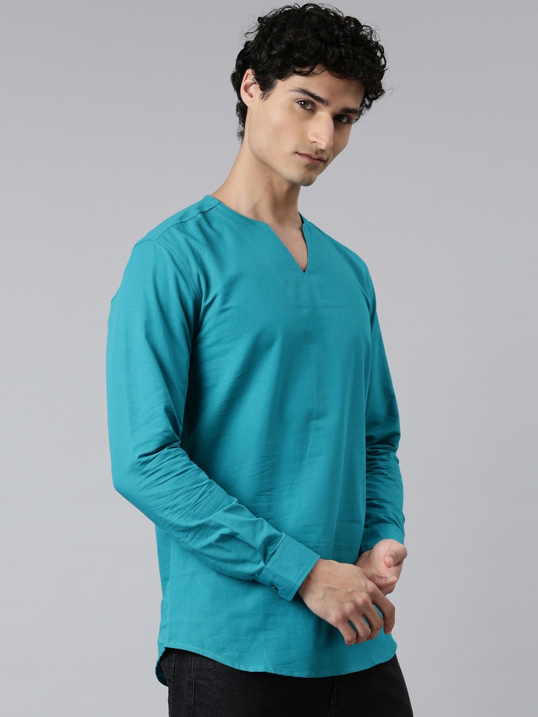 

Kryptic Men Notch Neck Curved Above Knee Pure Cotton Kurta, Turquoise blue