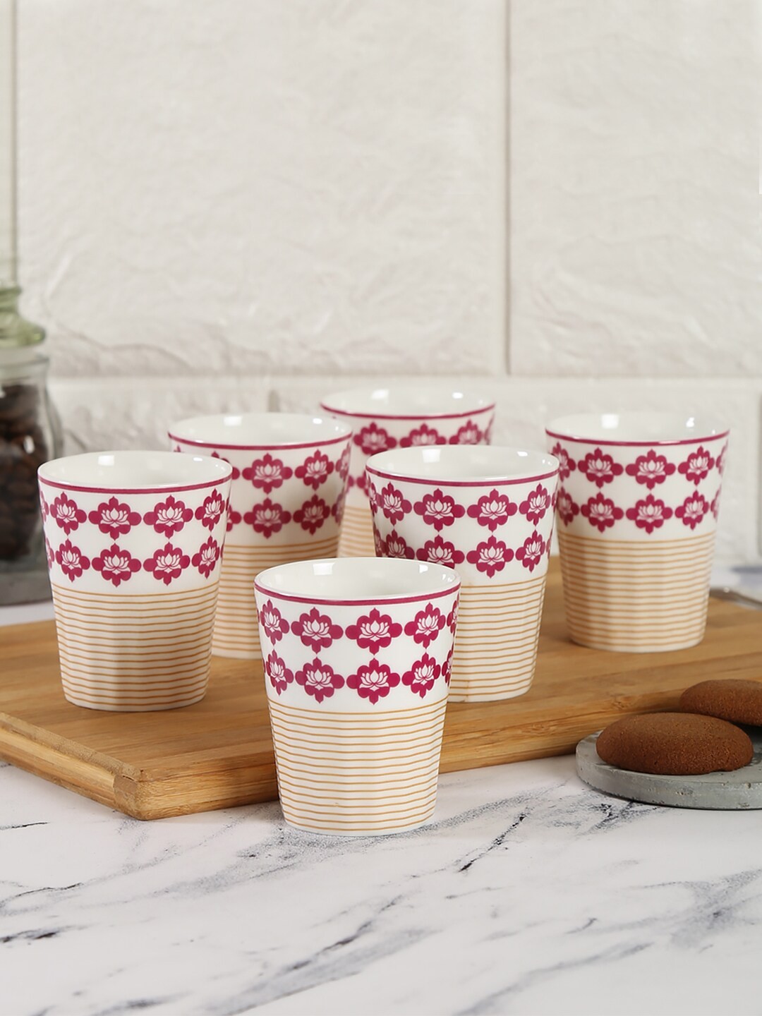 

India Circus by Krsnaa Mehta White & Red 6 Pcs Printed Bone China Kulladhs 190 ml Each