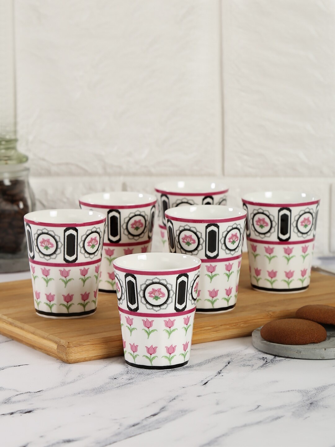 

India Circus by Krsnaa Mehta White & Pink 6 Pcs Floral Bone China Kulladhs 190 ml Each