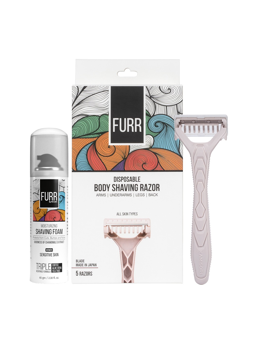 

PEESAFE FURR Set of 5 Disposable Body Shaving Razors & Moisturising Shaving Foam, White