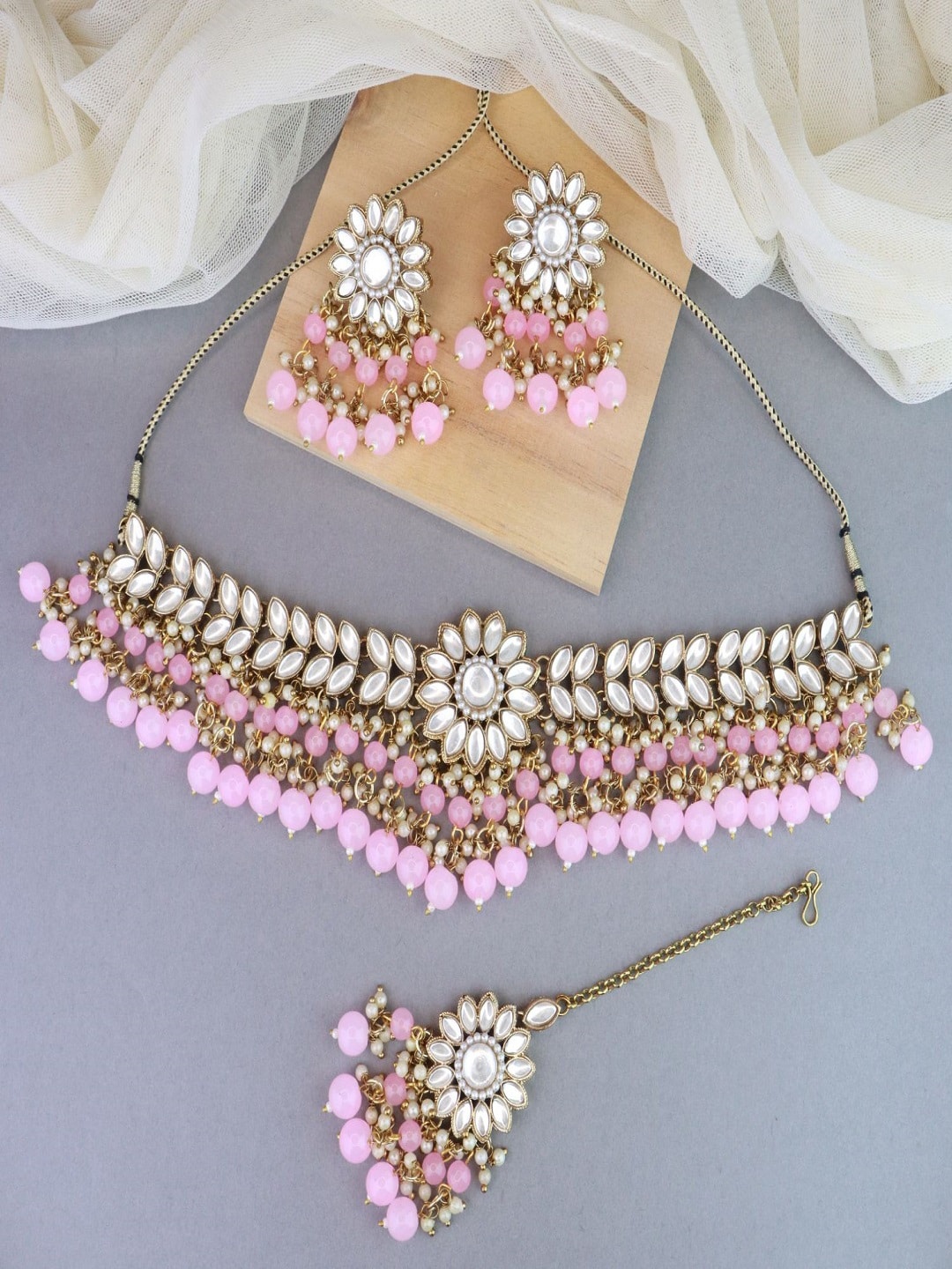 

I Jewels Gold-Plated Stone Studded & Beaded Jewellery Set, White