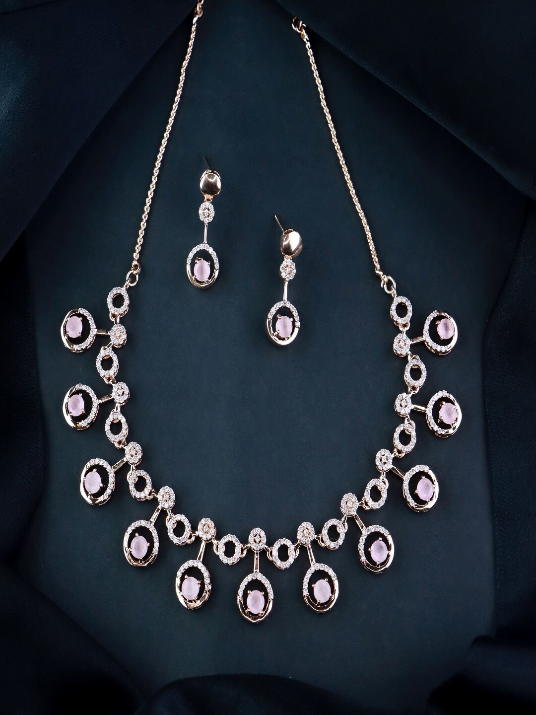 

I Jewels Women Rose Gold-Plated AD-Studded Jewellery Set, Peach