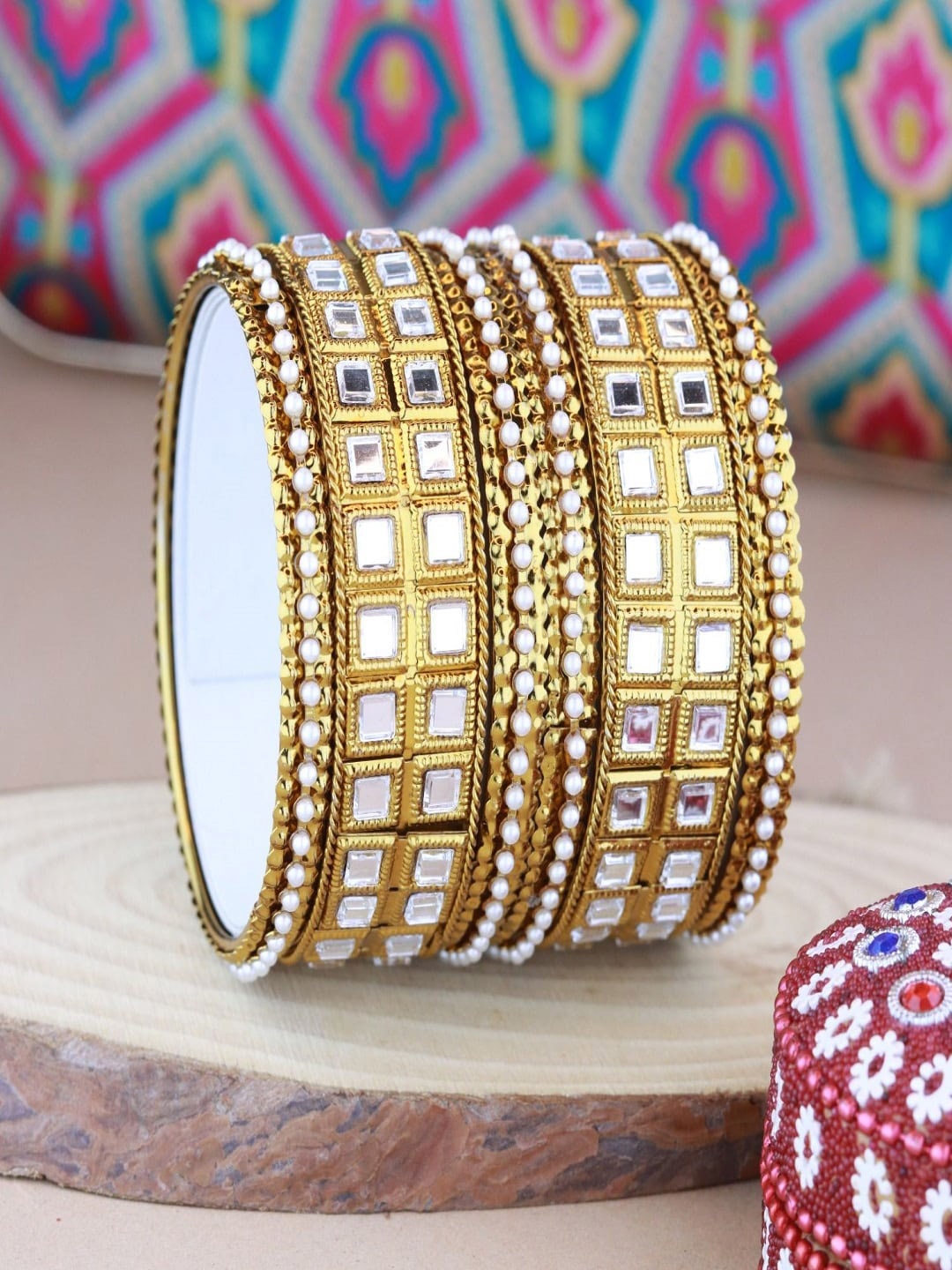 

I Jewels Set of 6 Gold-Plated Kundan Studded & Beaded Kada Bangles