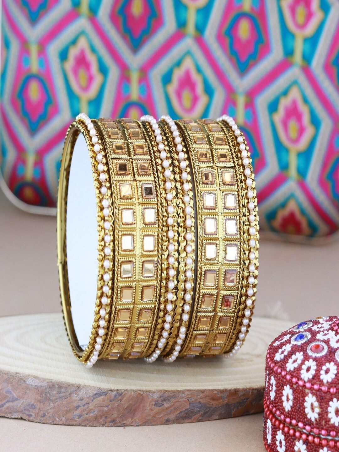 

I Jewels Set Of 6 Gold-Plated Kundan Studded & Beaded Bangles