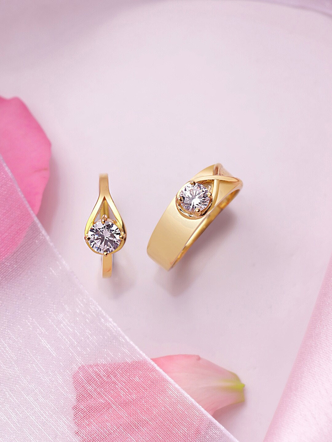 

March by FableStreet Set Of 2 Gold Plated Silver Solitaire Zircon Couple Rings