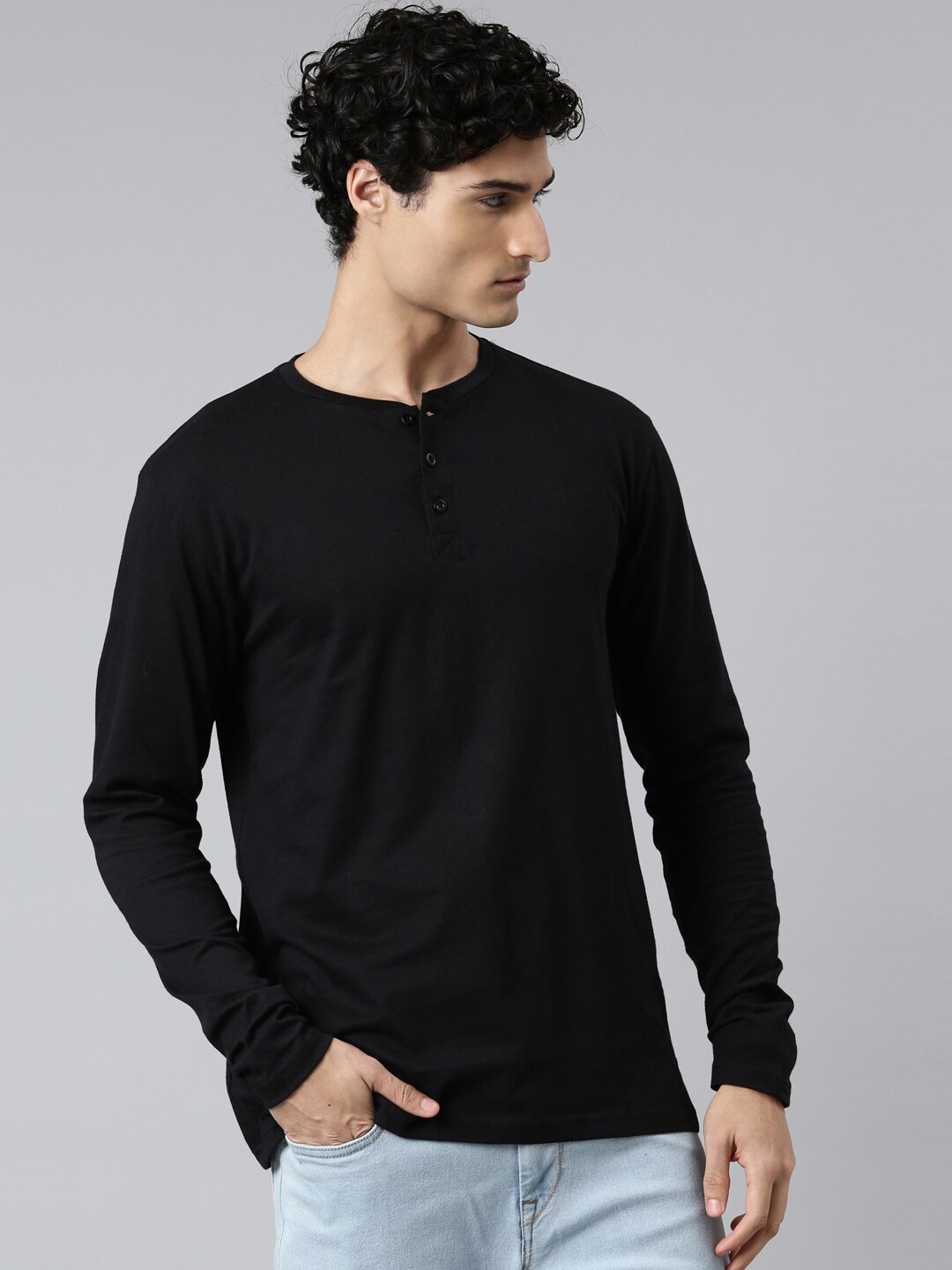 

Kryptic Men Henley Neck Pure Cotton T-shirt, Black
