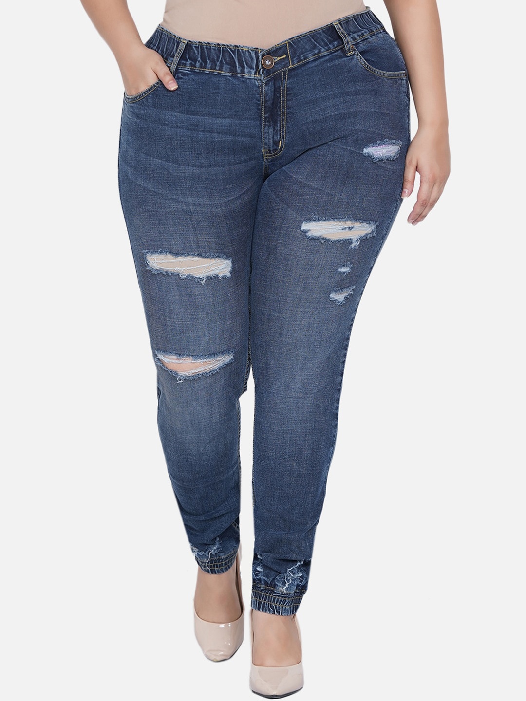 

Kiaahvi by JOHN PRIDE Plus Size Jogger Mildly Distressed Stretchable Cotton Jeans, Blue