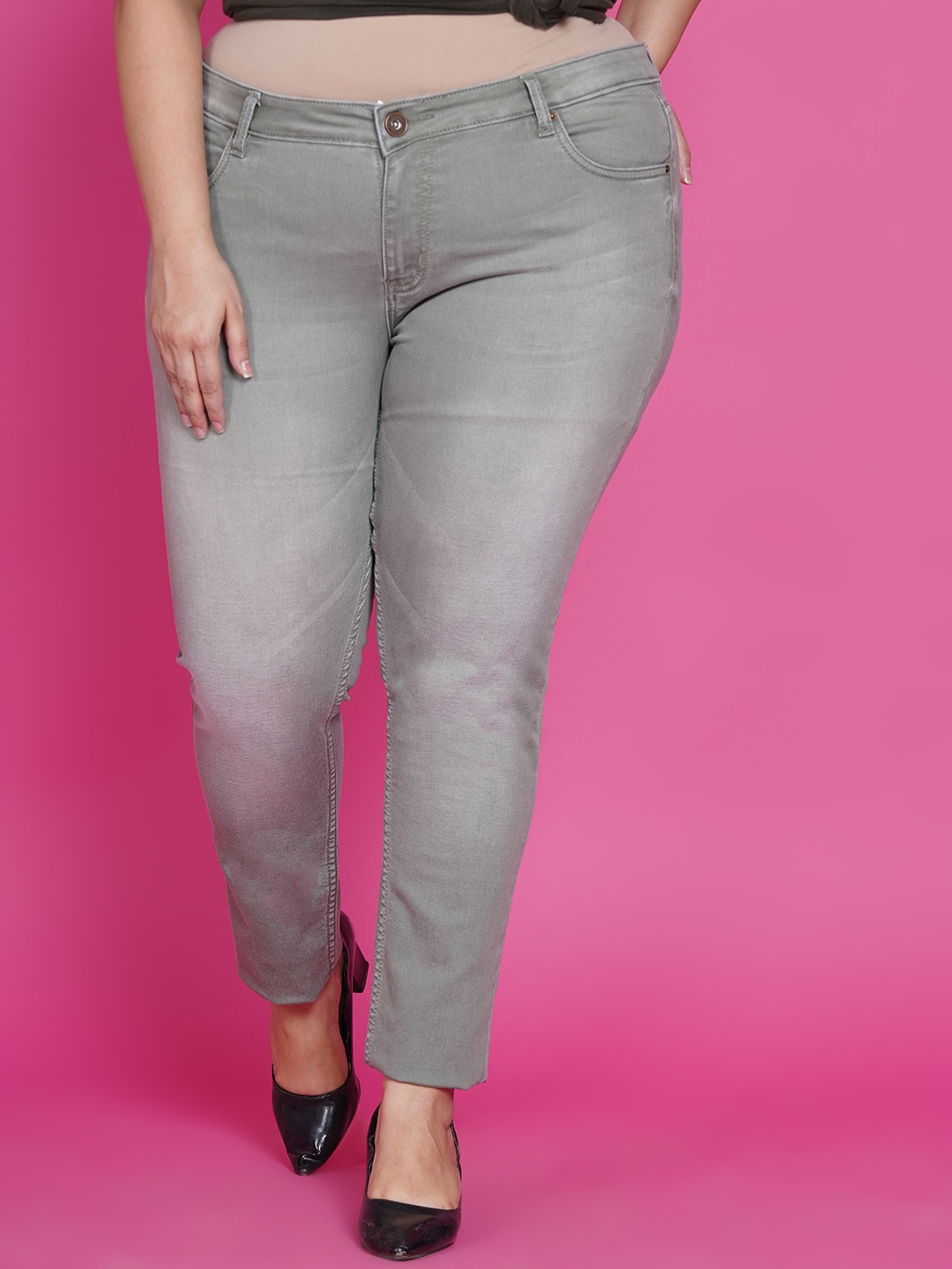 

Kiaahvi by JOHN PRIDE Women Plus Size Skinny Fit Heavy Fade Stretchable Cotton Jeans, Grey