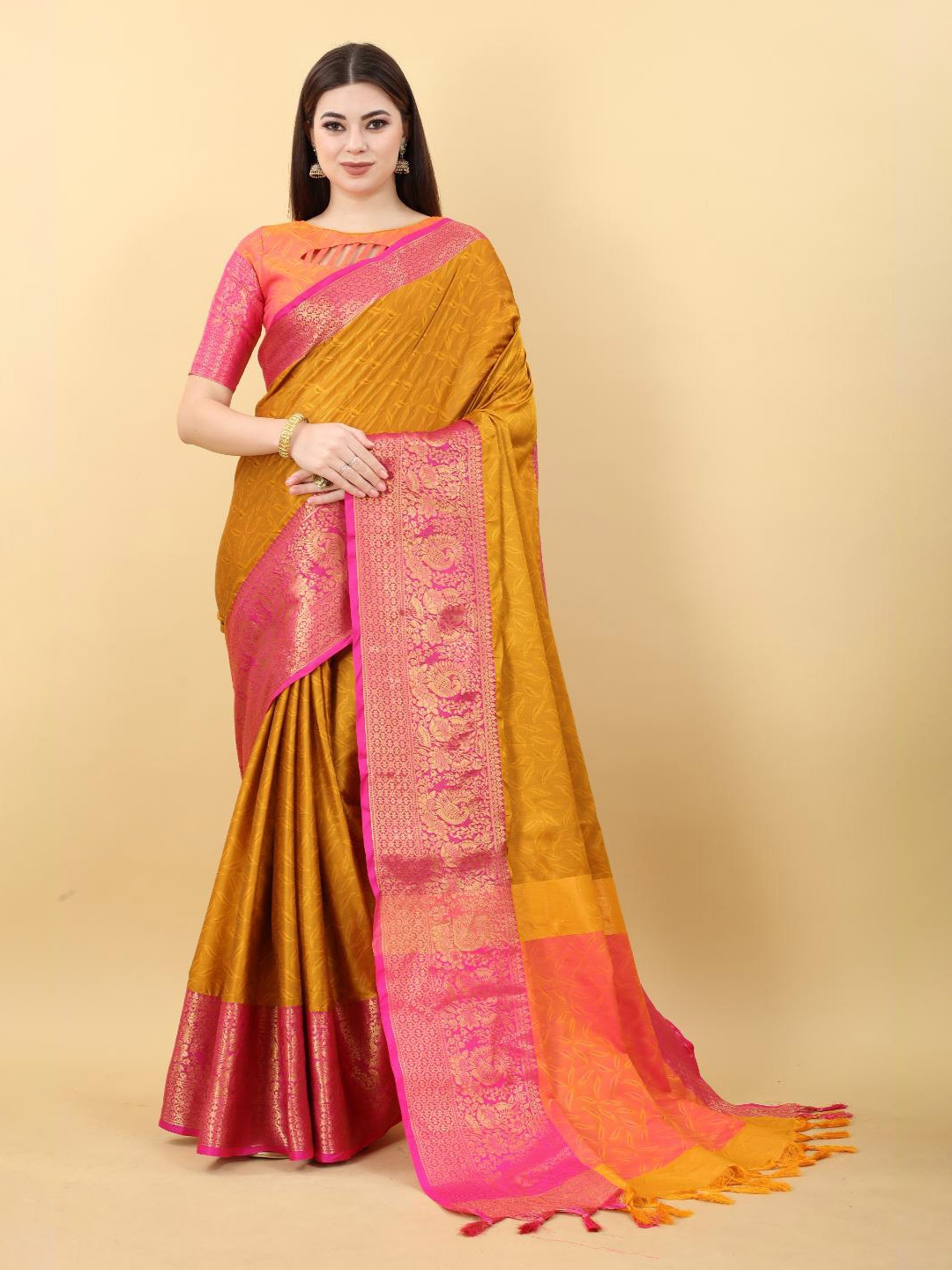 

B4ME.COM Woven Design Zari Silk Cotton Kanjeevaram Saree, Mustard