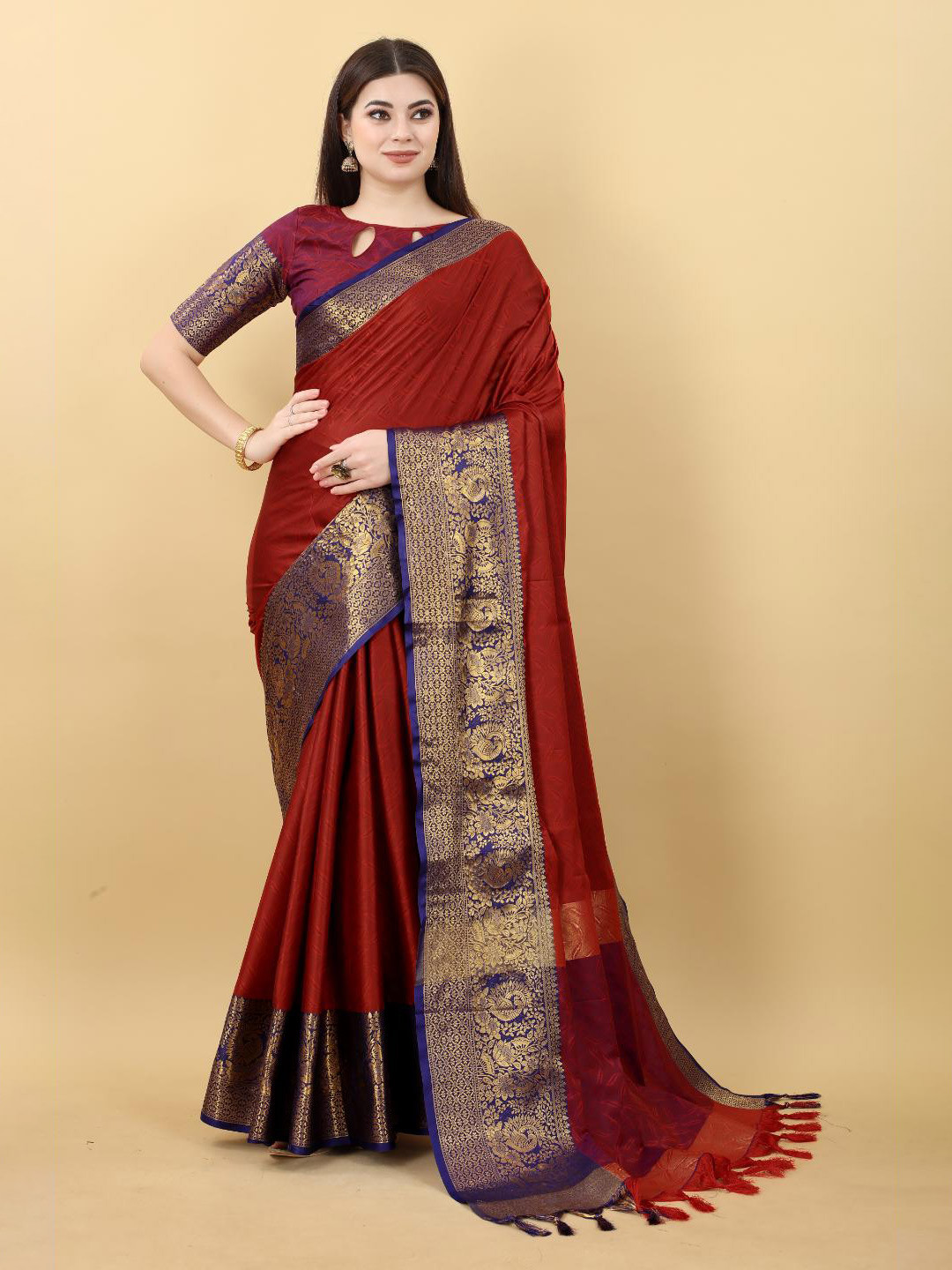 

B4ME.COM Woven Design Zari Silk Cotton Kanjeevaram Saree, Red