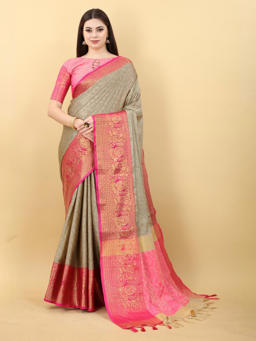 

B4ME.COM Woven Design Zari Silk Cotton Kanjeevaram Saree, Brown