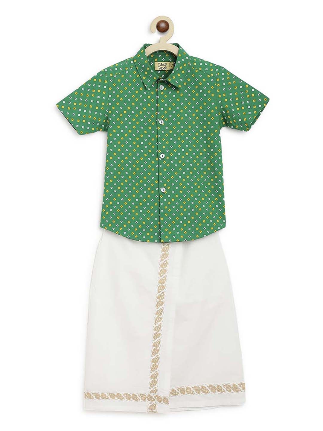 

Tiber Taber Boys Green & White Printed Shirt And Vesti