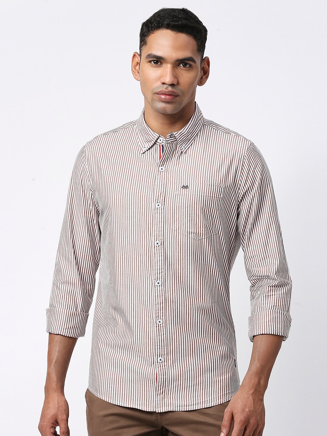 

Thomas Scott Men Modern Slim Fit Striped Casual Cotton Shirt, Brown