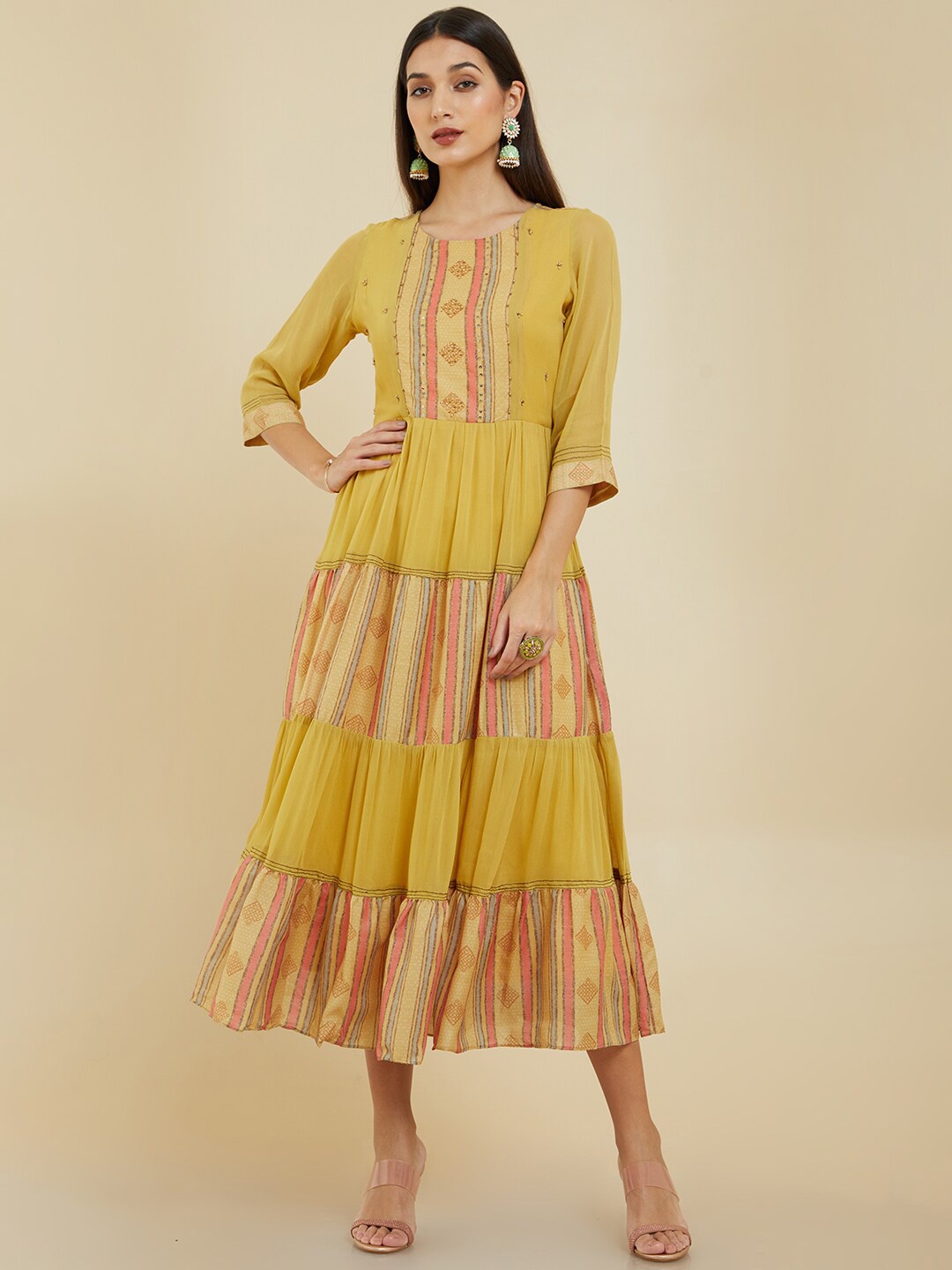 

Soch Mustard Ethnic Motifs Printed Tiered Georgette Midi Fit & Flare Ethnic Dress