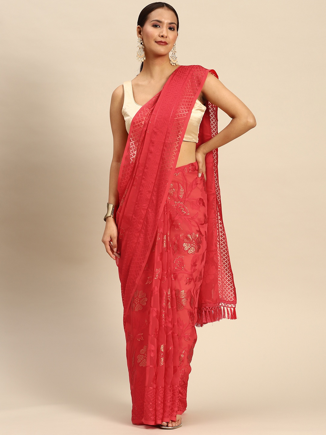 

Tikhi Imli Floral Foil Print Brasso Saree, Pink