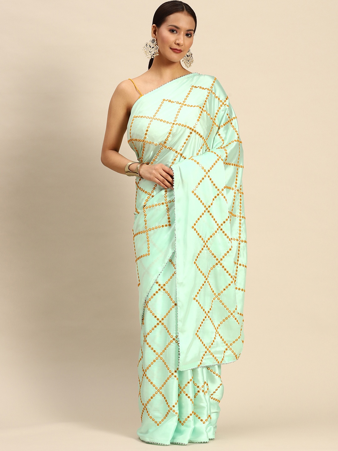 

Tikhi Imli Checked Mirror Work Satin Heavy Work Saree, Sea green