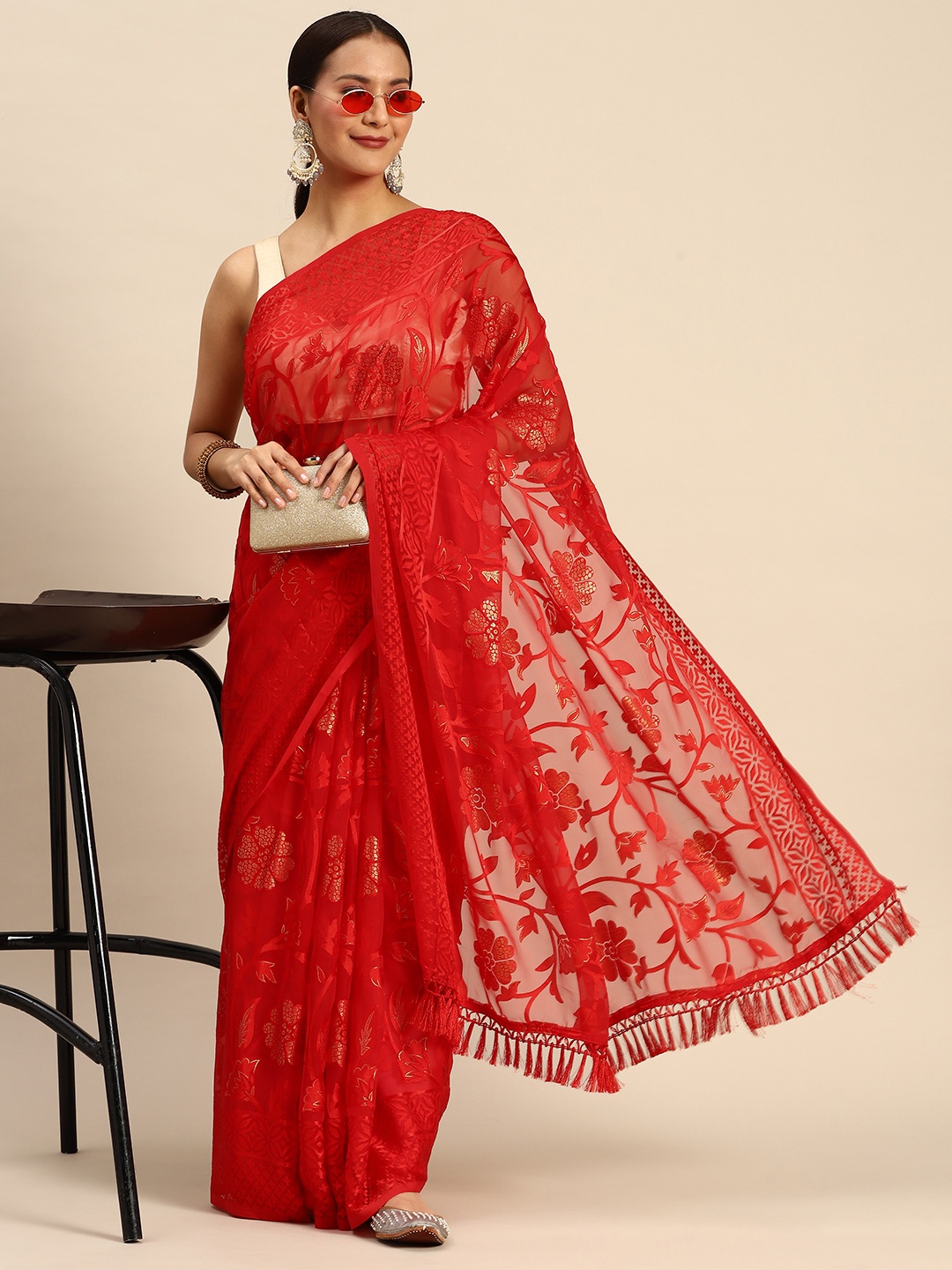 

Tikhi Imli Floral Brasso Saree, Red