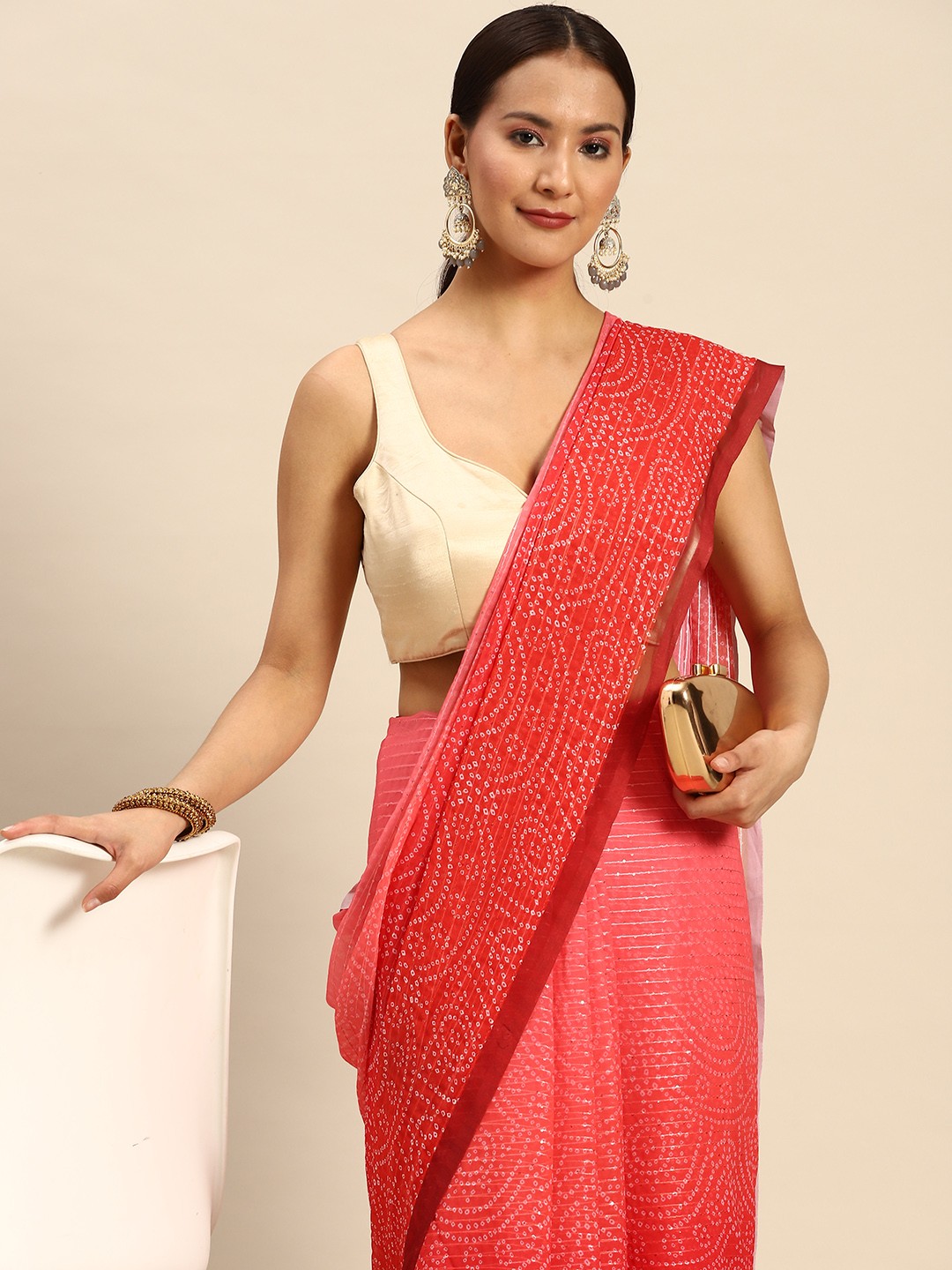 

Tikhi Imli Sequinned Bandhani Saree, Red
