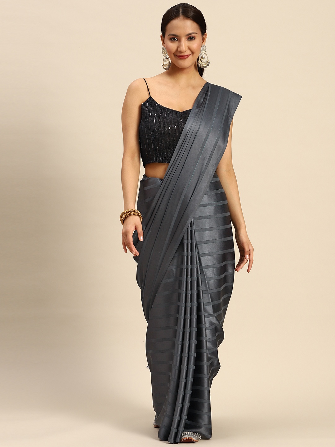 

Tikhi Imli Striped Satin Saree, Grey