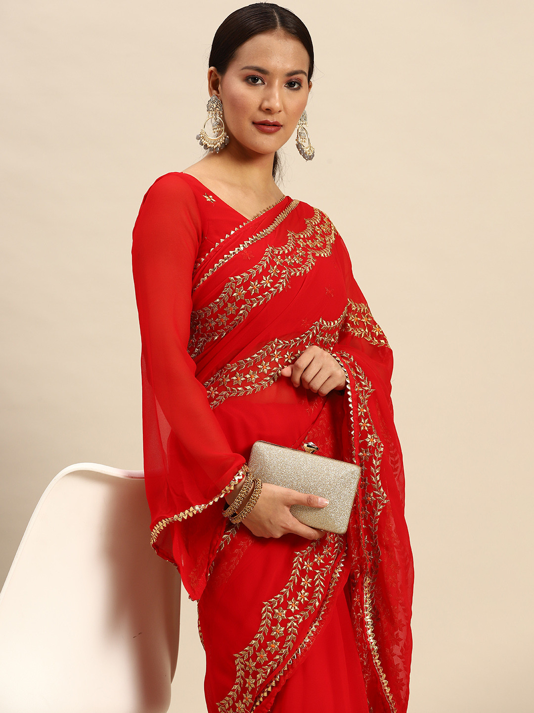

Tikhi Imli Ethnic Motifs Embroidered Saree, Red