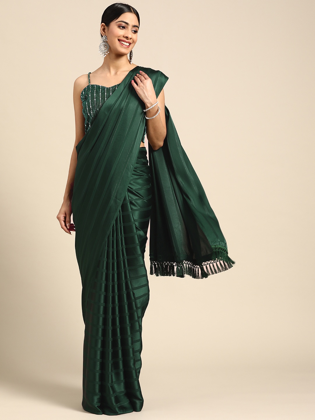 

Tikhi Imli Striped Satin Saree, Green