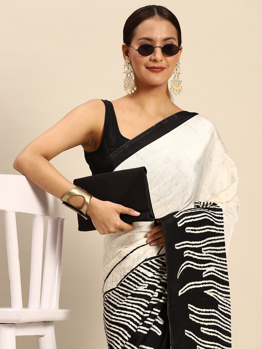 

Tikhi Imli Abstract Printed Satin Saree, Off white