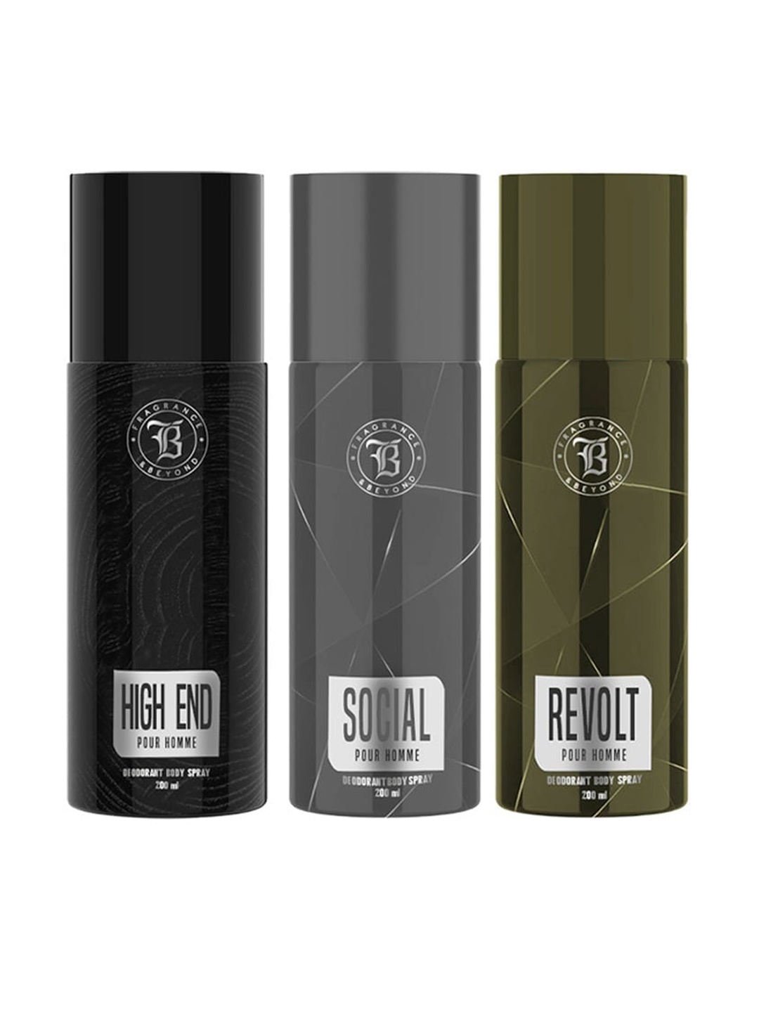 

Fragrance & Beyond Men Set of High End - Social - Revolt Deodorant Body Spray - 200ml Each, Olive