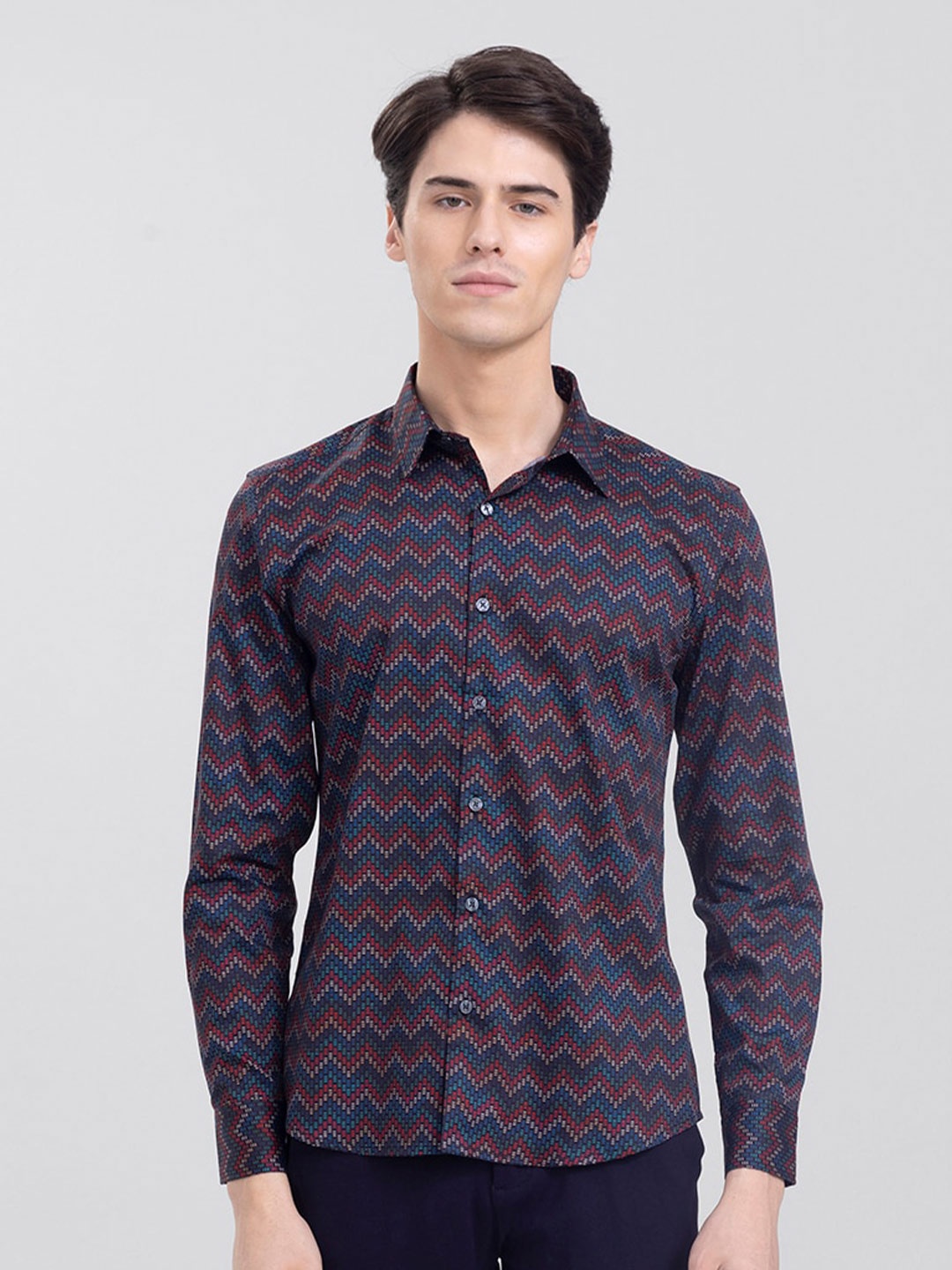 

Snitch Men Slim Fit Chevron Printed Cotton Casual Shirt, Blue