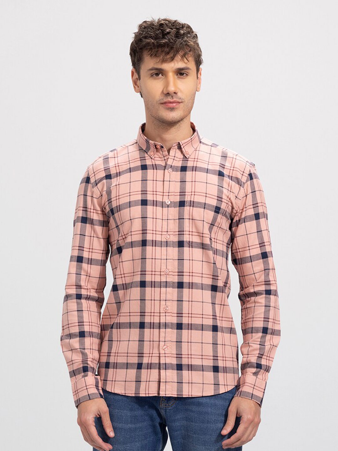 

Snitch Men Slim Fit Tartan Checked Casual Cotton Shirt, Peach