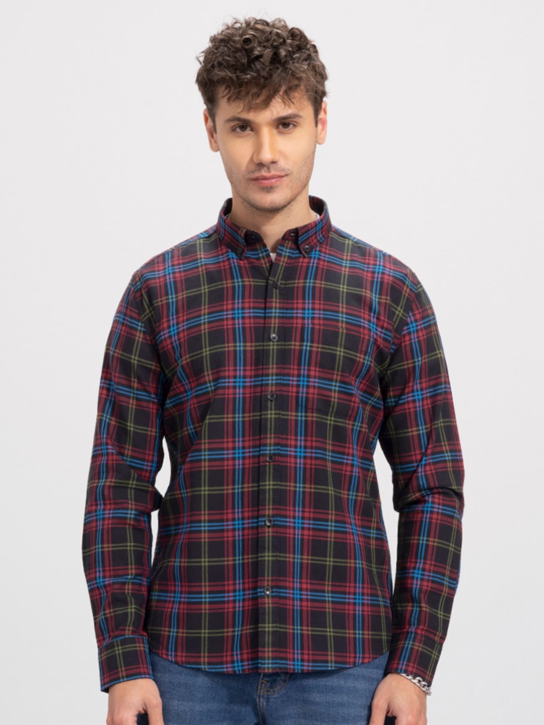 

Snitch Men Slim Fit Tartan Checks Cotton Casual Shirt, Red