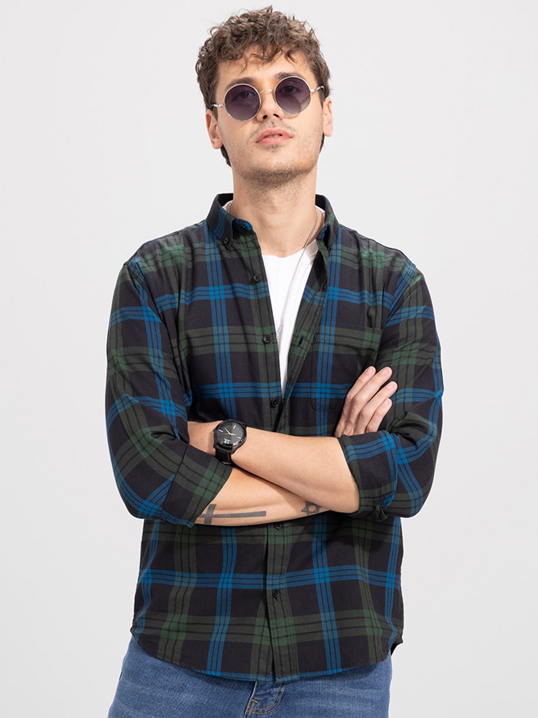 

Snitch Men Slim Fit Tartan Checked Casual Cotton Shirt, Black